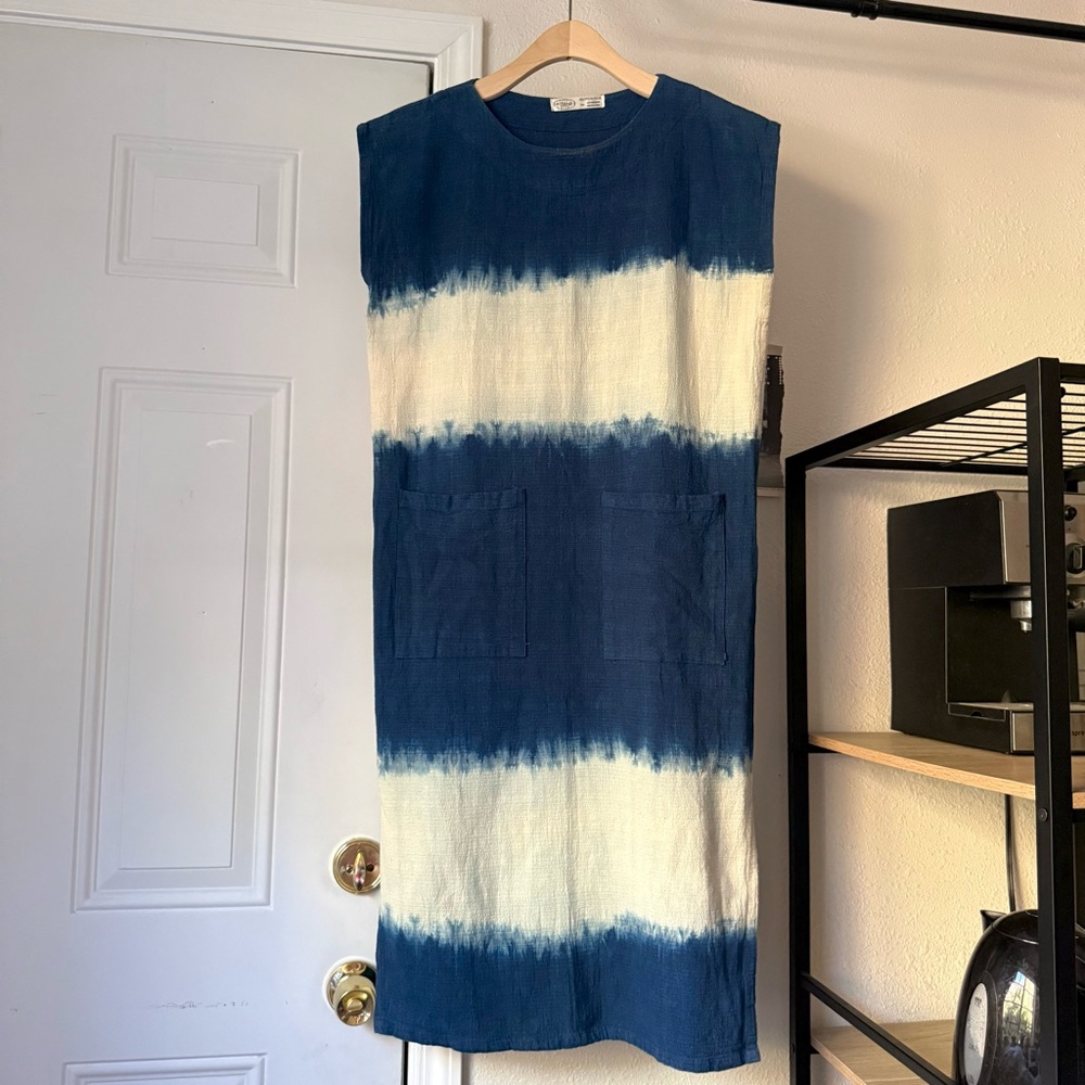 SILVER & SILK blue white denim stripe bleach tie dye lagenlook midi dress